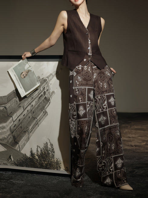 Vintage Paisley Print Wide-Leg Pants & Tailored Vest Set – Elegant Workwear Two-Piece Suit