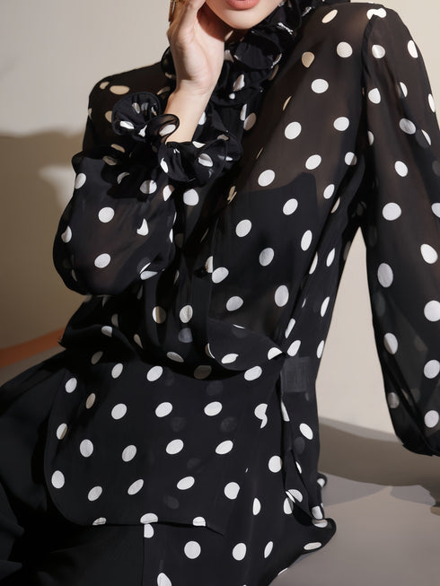 French Elegance Polka Dot Ruffle Blouse & Wide-Leg Pants Set – Effortless Spring Summer Statement Suit