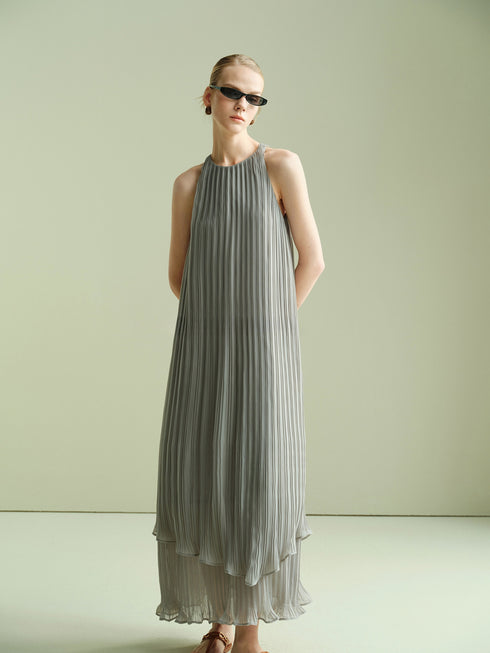 Pleated Halter Maxi Dress – Sculptural Accordion Pleats Double-Layer Ruffle Hem Summer Dress