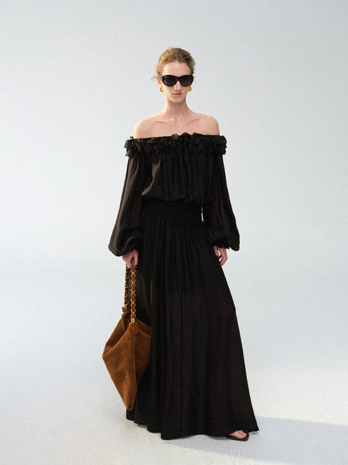 Petal Ruffle Off-Shoulder Cupro Blend Blouse – Sheer Romantic Balloon Sleeve Top