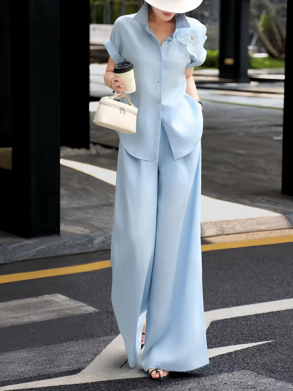 Luxury Linen Two-Piece Set – 3D Floral Appliqué Shirt & Wide-Leg Pants Resort Ensemble