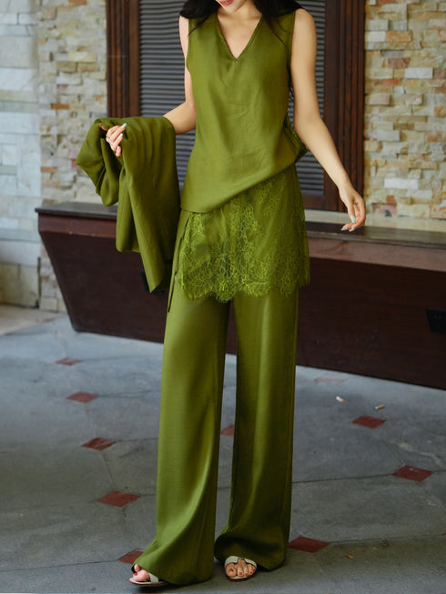 Old Money Linen Tailored Suit Set – Sleeveless V‑Neck Top, Lace Layer Detail, Relaxed Blazer & Wide‑Leg Pants