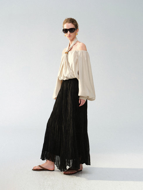Luminous Irregular Pleated A-Line Maxi Skirt – Handcrafted Crinkle Texture Flowing Skirt