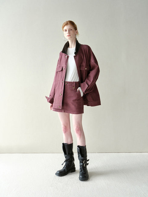 Vintage Barn-Style Washed Denim Jacket with Leather Collar – Heavyweight Distressed Workwear Coat