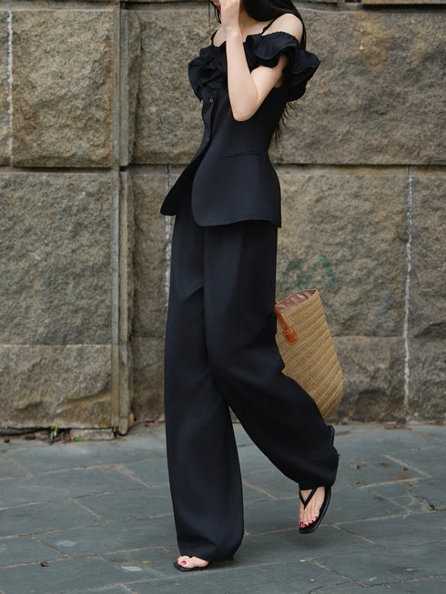 Off-Shoulder Ruffle Tencel Wool Top & Wide-Leg Pants Set – Sculpted Camisole Suit