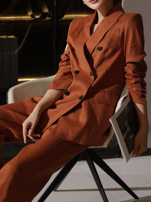 Old Money Linen Double-Breasted Blazer & Wide-Leg Trousers Suit Set – Relaxed Tailored Summer Workwear