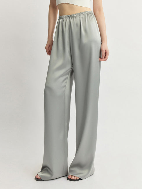 Japanese Triacetate Luminous Double-Satin Wide-Leg Pants - Elastic Waist Airy Draped Trousers