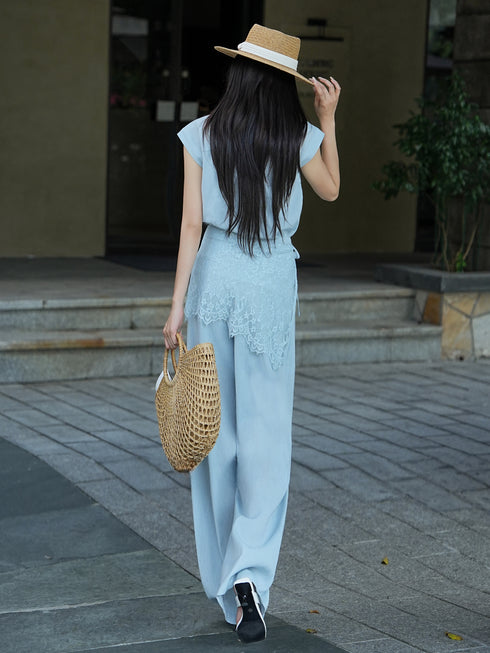 Old Money Relaxed Sleeveless Vest & Lace Overlay High‑Waisted Wide‑Leg Pants Three‑Piece Set