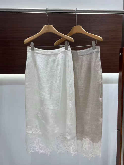 French Vintage Linen Embroidered Shirt & Lace Maxi Skirt Set – Luxury Butterfly Cutwork Summer Ensemble