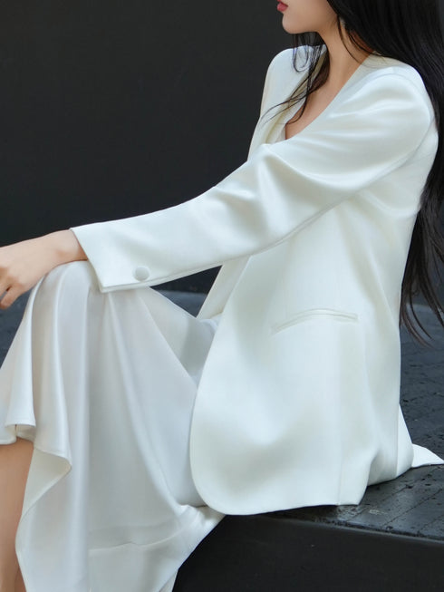 Champagne Acetate Slip Dress & Tailored Blazer Set – Elegant Minimalist Workwear Suit