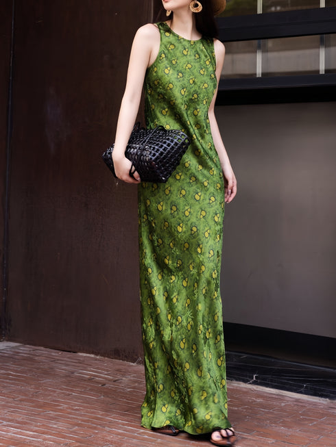 100% Rayon Printed Maxi Dress – Elegant Waist-Slimming Summer Silk-Feel Long Dress