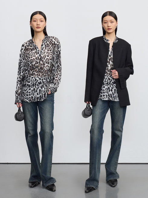 Ultra-Fine 13mm Mulberry Silk Burnout Leopard Blouse in Monochrome
