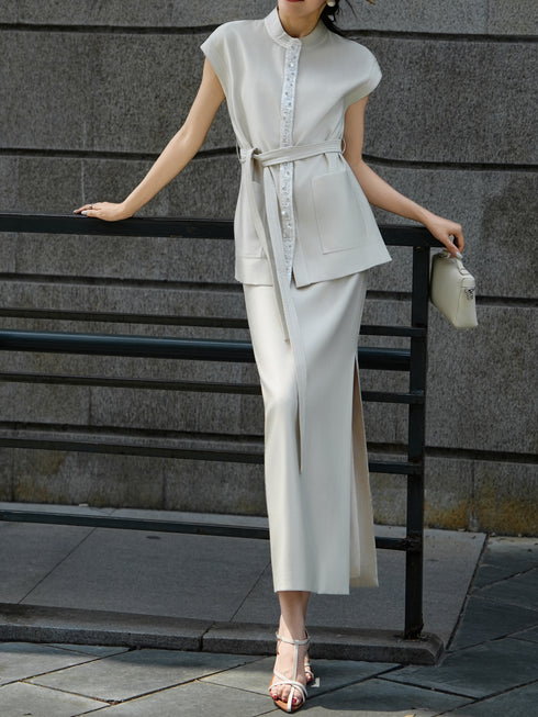 Luxury Beaded Sleeveless Vest & Midi Skirt Set – Elegant Linen Blend Two‑Piece Suit