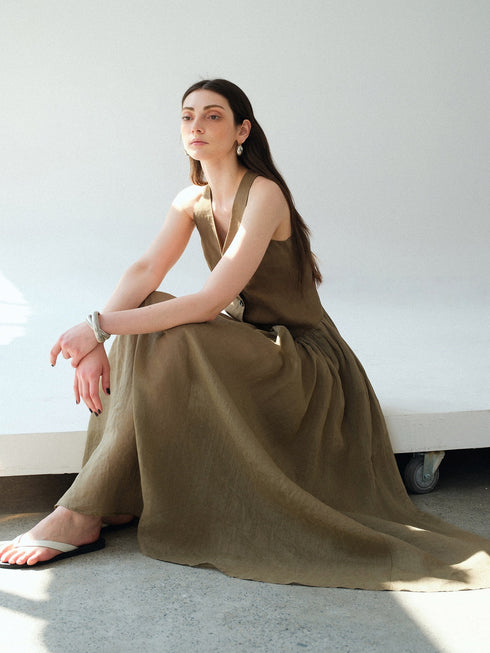 Pure Linen Slub-Texture Halter Waistcoat Maxi Dress – Old Money Summer Statement Dress