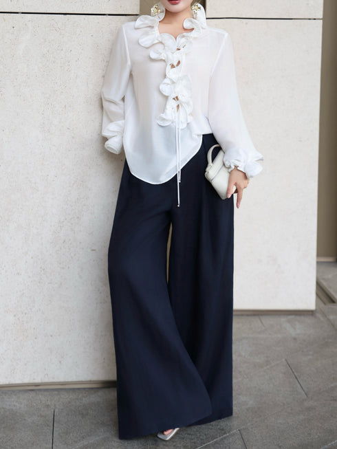 Romantic White V‑Neck Ruffle Tie Blouse – Sculpted Rose Trim Long Sleeve Vintage Shirt