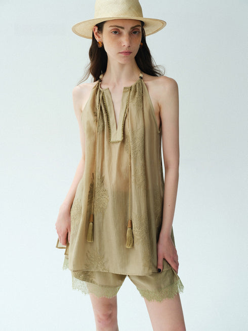 Lyocell Embroidered Tassel Halter Top – Lace-Trim Sleeveless Draped Blouse