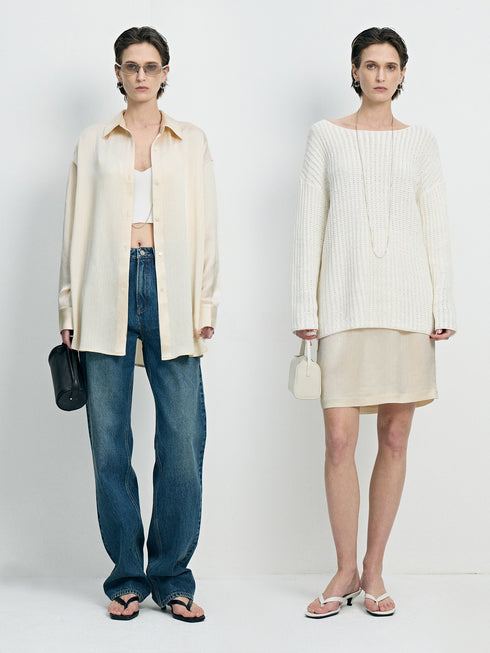 Wrinkle-Resistant Crinkled Acetate Shirt & Drawstring Skirt Set
