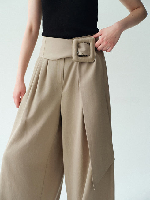 Lyocell-Linen Wide-Belt Wide-Leg Trousers – Vintage Draped Summer Palazzo Pants