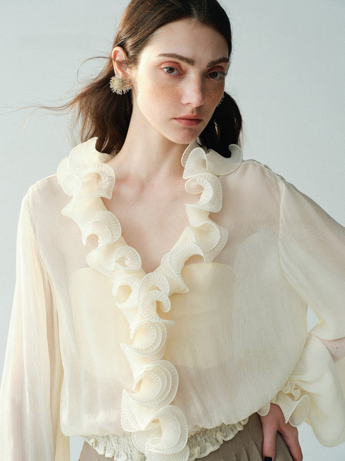 Luxury Cupro-Blend 3D Fan-Ruffle V-Neck Blouse – Sheer Statement Top