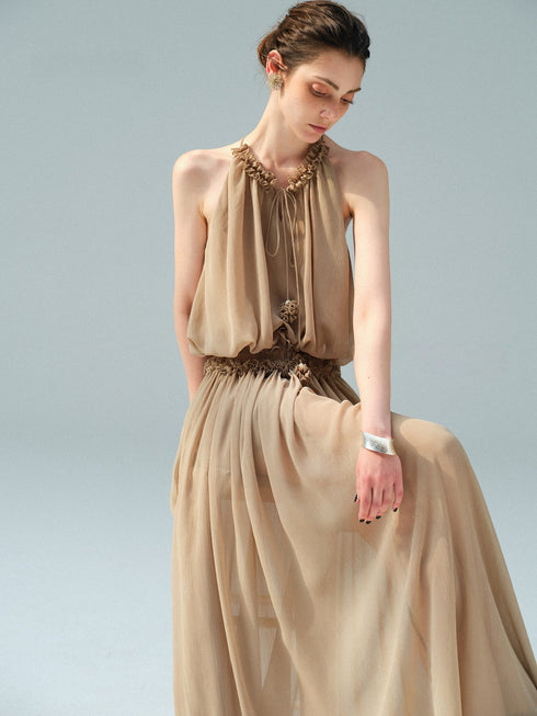 French Ruffle Halter Chiffon Maxi Dress – Pleated Tie-Neck Sleeveless Flowing Dress