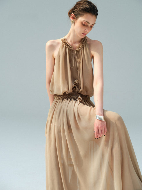 Textured Chiffon Ruffle-Trim Halter Sleeveless Maxi Dress