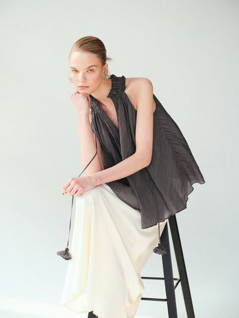 Lyocell–Acetate Blend Halter Ruffle Blouse – Pleated Draped Sleeveless Statement Top