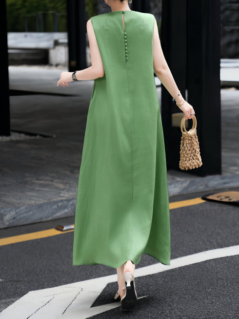 Minimalist Linen Embroidered Sleeveless Maxi Dress – Elegant One‑Piece Summer Linen Dress