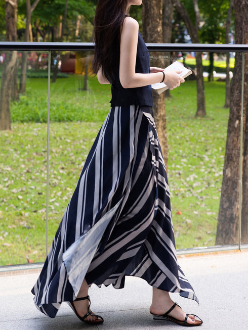 Old-Money Linen Vest & Striped Draped Skirt Set – Elegant Resort Tailored Two‑Piece