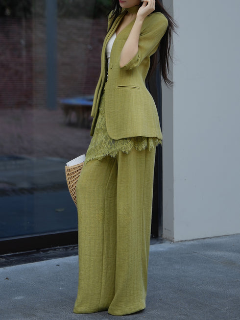 Summer Old Money Lace-Layered Blazer & Wide-Leg Pants Set – Elegant 4‑Piece Linen Lyocell Suit