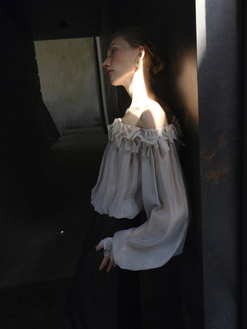 Petal Ruffle Off-Shoulder Cupro Blend Blouse – Sheer Romantic Balloon Sleeve Top