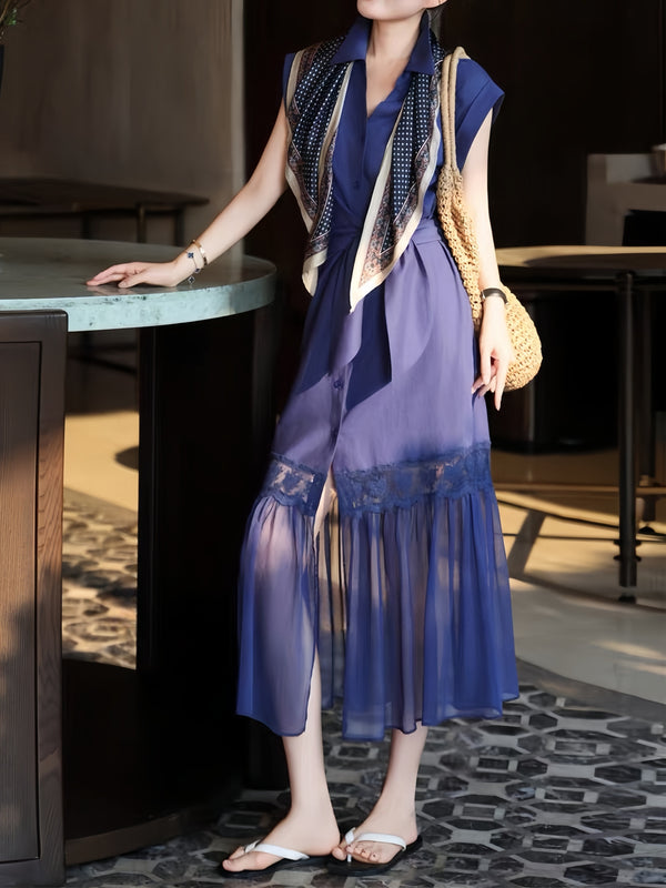 French Elegant Tie-Waist Shirt Dress – Lace Hem Midi Mermaid Dress with Scarf Detail