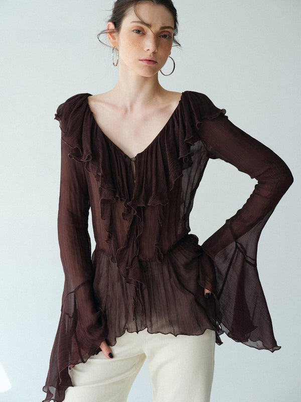Luxury Cupro-Blend Ruffle V-Neck Blouse – Draped Bell Sleeve Romantic Top