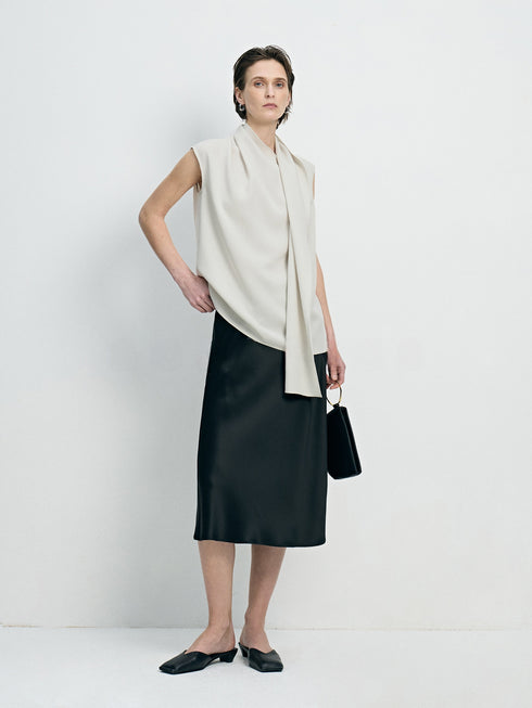 Quiet Luxury Cooling Acetate Asymmetric Scarf Blouse & Midi Skirt Set