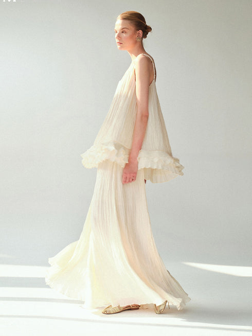 Soft-Lustre Island Silk Pleated Maxi Skirt – Irregular A-Line Resort Skirt in White
