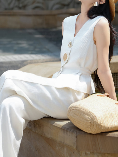 100% Linen V‑Neck Vest & Wide‑Leg Pants Set – Elegant Old‑Money Summer Tailored Suit