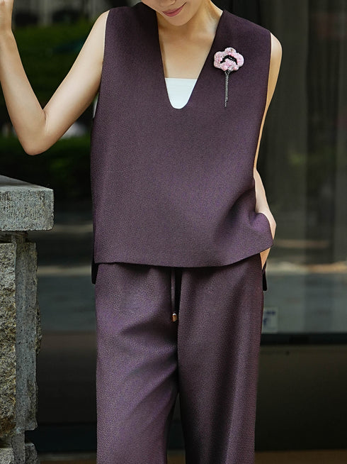Textured Deep V-Neck Tank & Wide-Leg Pants Set – Minimalist Summer Two-Piece Lounge Suit