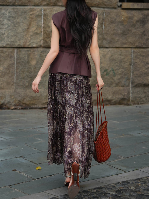 Vintage Waist-Tie Vest & Paisley Print Maxi Skirt Set – Elegant Spring Summer Two-Piece Outfit