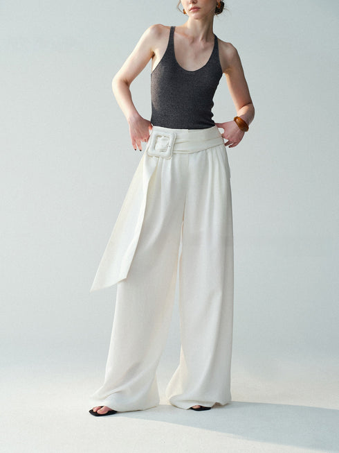 Lyocell-Linen Wide-Belt Wide-Leg Trousers – Vintage Draped Summer Palazzo Pants