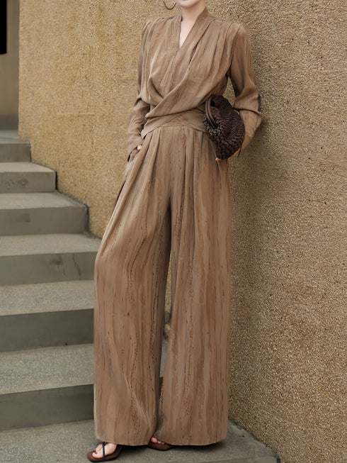 Textured Wrap V-Neck Blouse & Wide-Leg Pants Set – Sculpted Waist Elegant Two‑Piece
