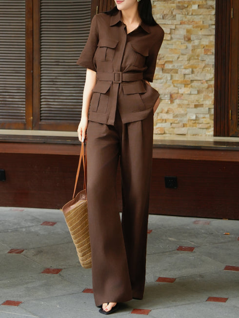 Vintage Linen Belted Shirt & Wide-Leg Pants Set – Elegant Workwear Two‑Piece Suit