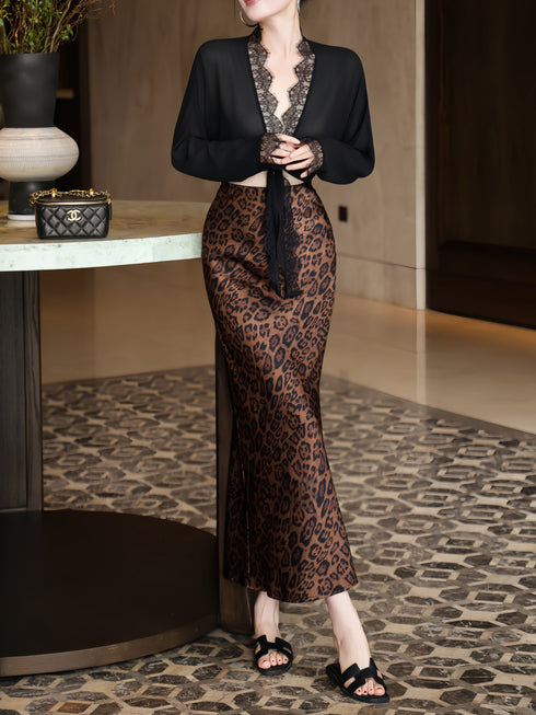 Lace-Trim Sheer Tie-Front Sun Cardigan & Printed Mermaid Skirt Set – Lightweight Resort Elegance