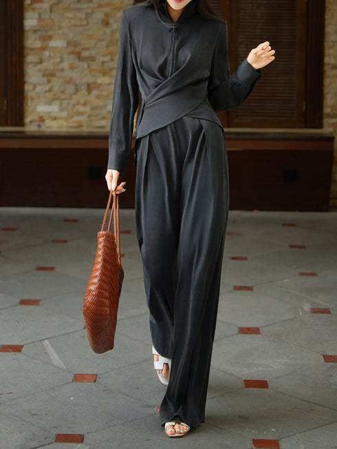 Cupro Draped Wrap-Collar Top & Wide-Leg Pants Set – Effortless Luxury Two‑Piece Ensemble
