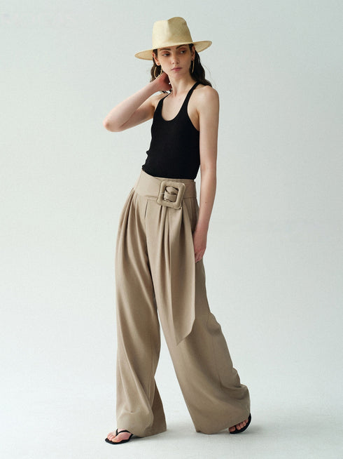 Lyocell-Linen Wide-Belt Wide-Leg Trousers – Vintage Draped Summer Palazzo Pants