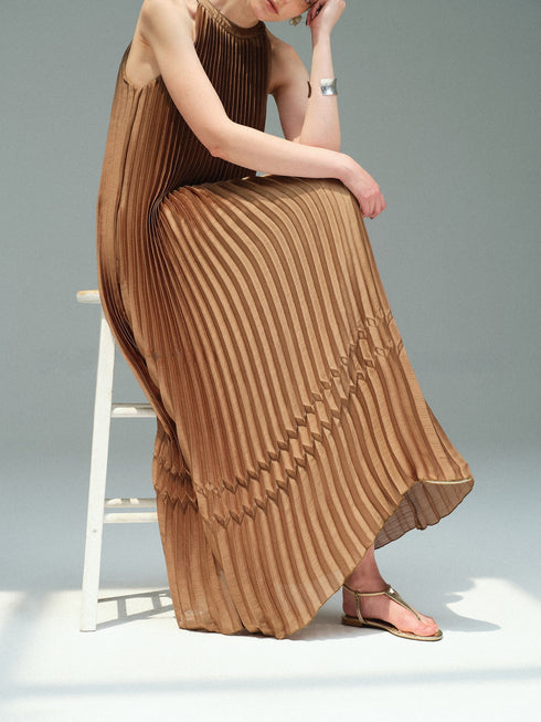 Couture Pleated Halter Neck Maxi Dress – Sleeveless Resort Vacation Dress