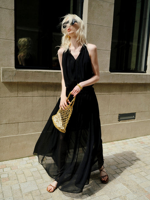 French Ruffle Halter Chiffon Maxi Dress – Pleated Tie-Neck Sleeveless Flowing Dress