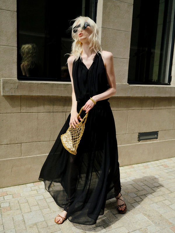 French Ruffle Halter Chiffon Maxi Dress – Pleated Tie-Neck Sleeveless Flowing Dress