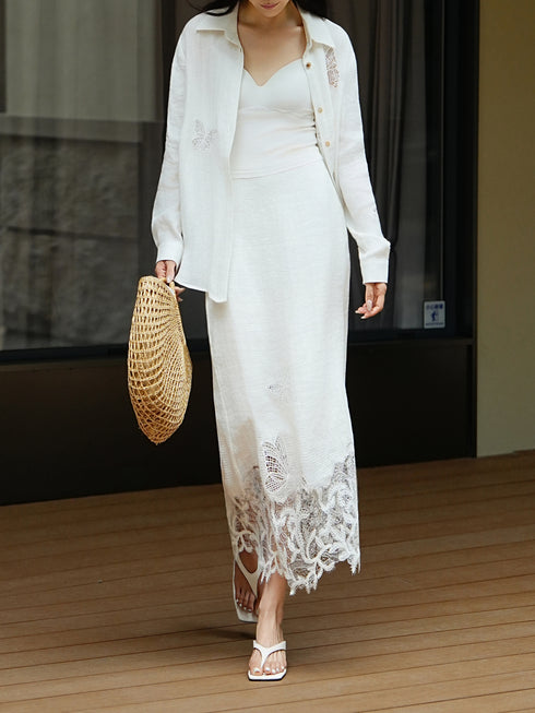 French Vintage Linen Embroidered Shirt & Lace Maxi Skirt Set – Luxury Butterfly Cutwork Summer Ensemble