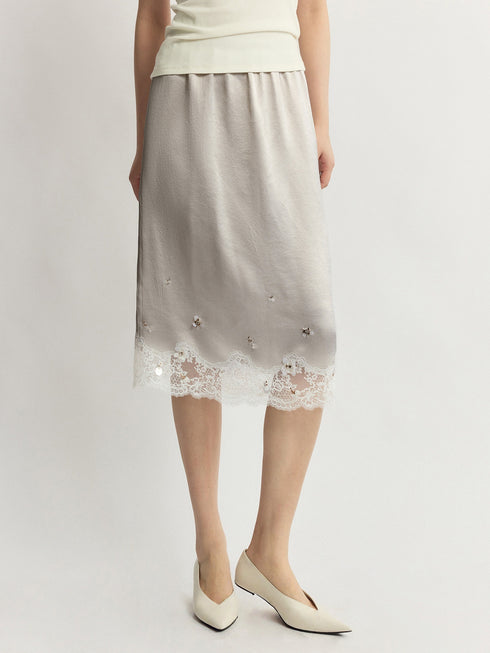 Cool-Touch Crinkled Acetate Beaded Lace Straight Midi Skirt