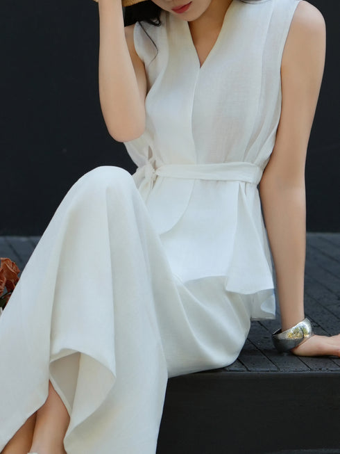 100% Linen Tie-Waist Vest Top & Midi Skirt Set – Elegant V-Neck Summer Two-Piece Outfit