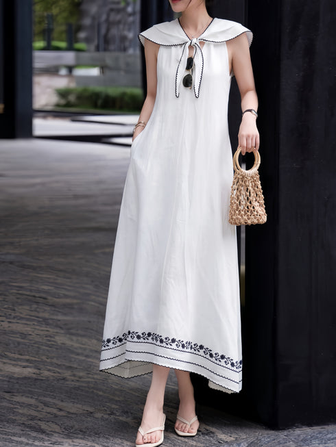 Linen Embroidered Halter Maxi Dress – Scarf Tie Neck Resort Vacation Dress